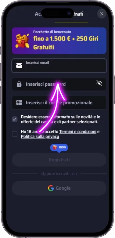 Modulo di registrazione BDMbet